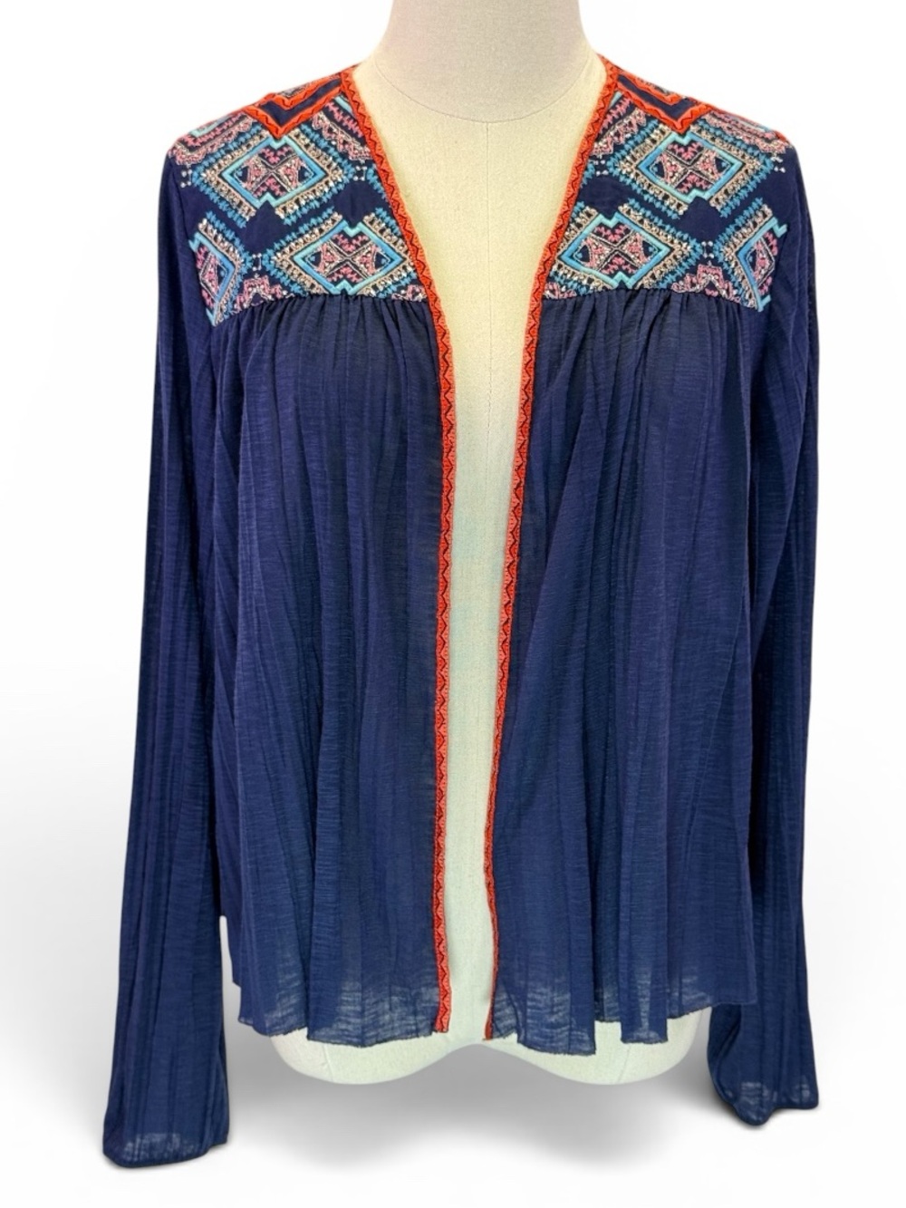 American Eagle Women's Navy Blue Embroidered Open Front Boho Cardigan Size XL